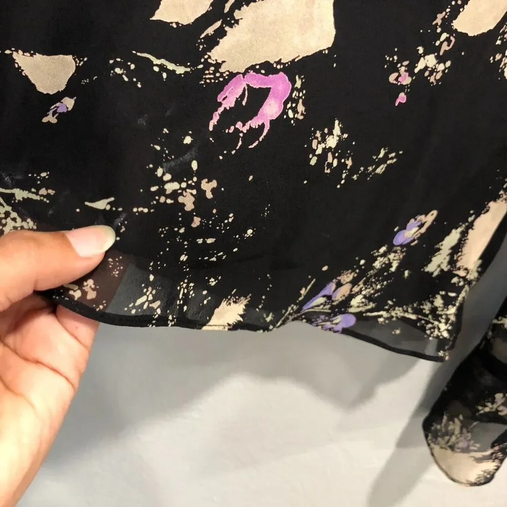 ann taylor 100% silk top xs small black leaves splat sheer chiffon dressy chic - Picture 7 of 14